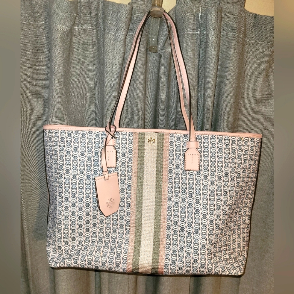 Tory Burch Pink Trim Signature Stripe Tote